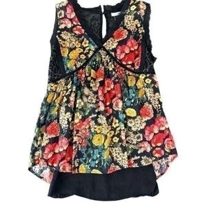 HAZEL | Black Floral Lace Trim Sleeveless Floral Dressy Tank Blouse